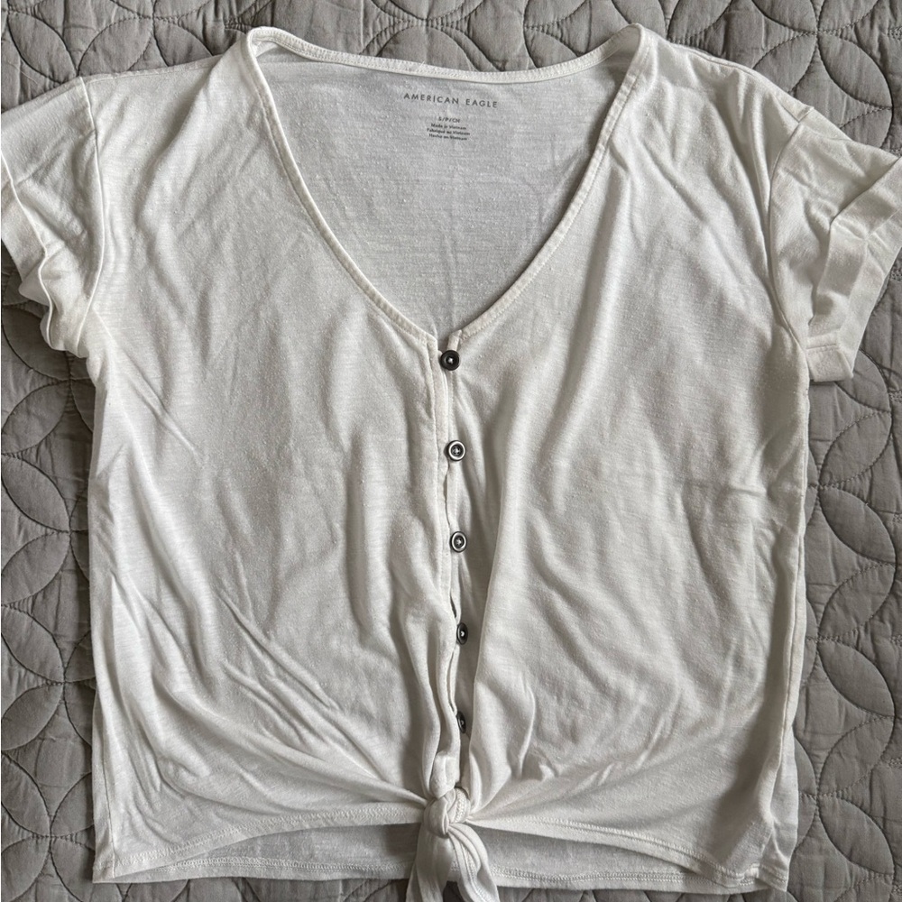 American Eagle Outfitters White Tie-Front Short Sleeve Top